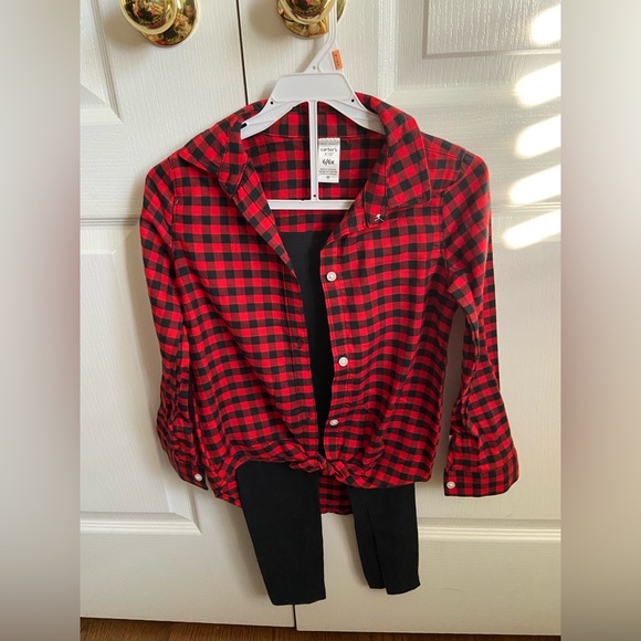 Carter’s Girls Red Plaid Button Front Shirt with Black Leggings. NWT, Size 6/6X - Picture 2 of 4